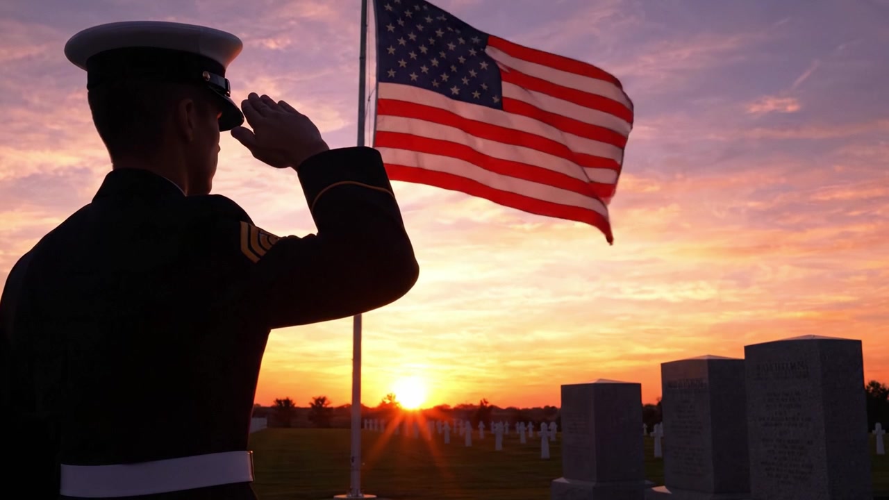 Un solenne tributo all'alba: un soldato saluta la bandiera americana mentre il sole sorge dietro le lapidi, onorando la memoria di coloro che hanno servito.