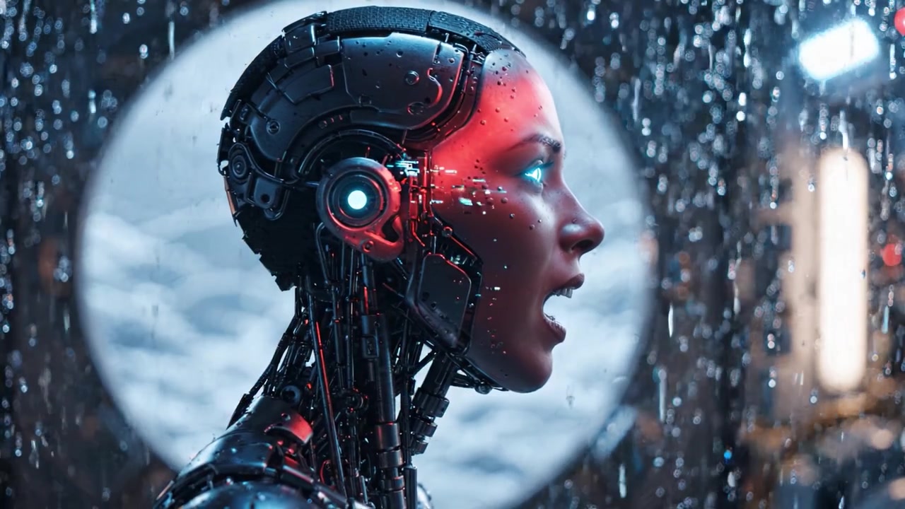 Un robot umanoide futuristico si erge sotto la pioggia, illuminato da luci vibranti, mostrando tecnologia avanzata ed emozione in un mondo cibernetico pieno di meraviglia