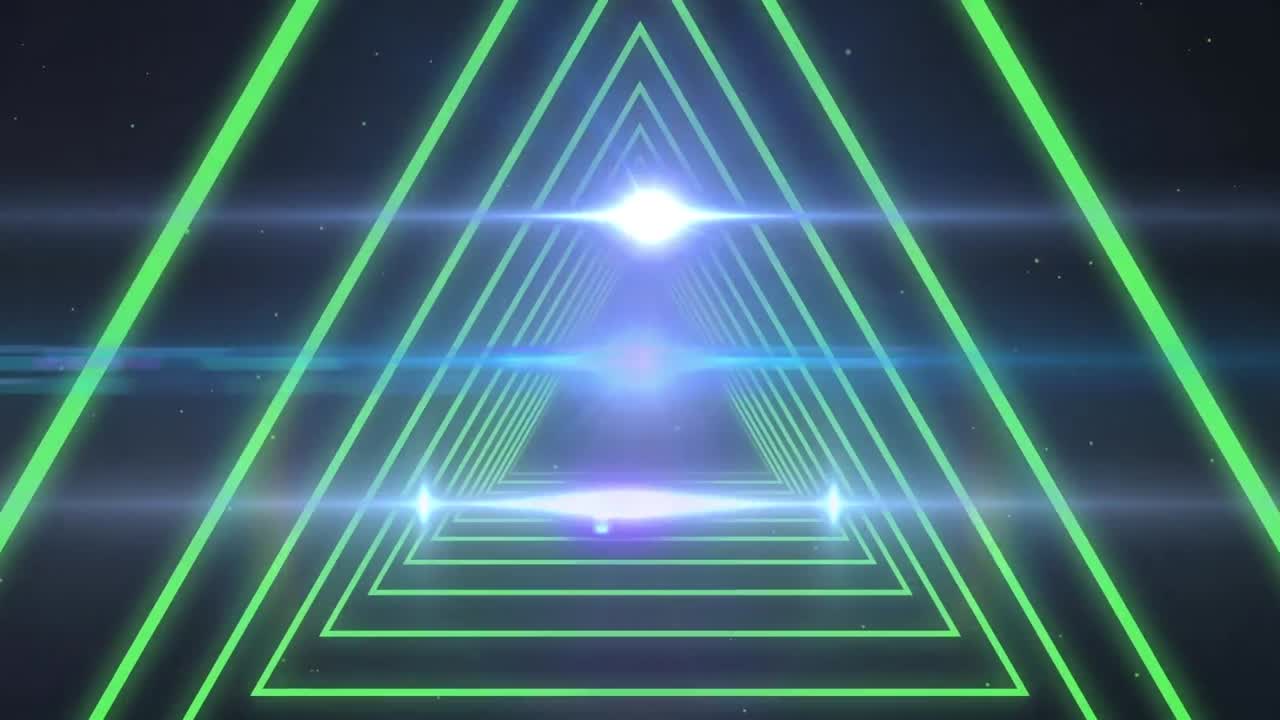animación de una forma triangular abstracta en un patrón sin costuras sobre puntos de luz contra un fondo negro