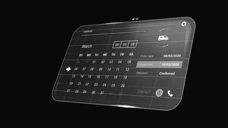 Animation-of-digital-interface-with-calendar-and-data-processing-on-black-background