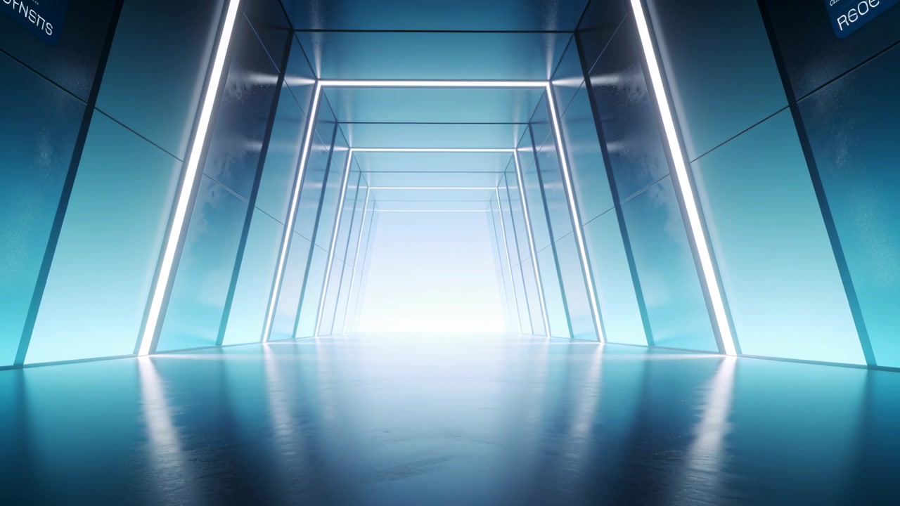 Corridoio fantascientifico illuminato con il bagliore dell'uscita che si intensifica, la telecamera si muove verso l'uscita sul set, con strisce LED.