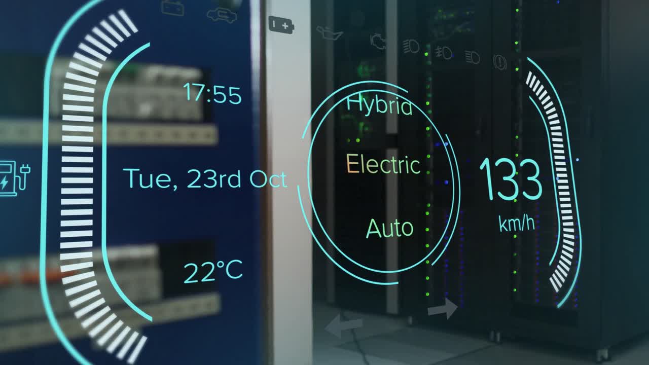 하이브리드 차량 인터페이스 화면 어두운 컴퓨터 서버 방