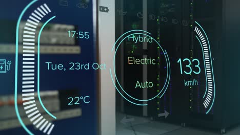 hybrid vehicle interface screen over dark computer server room