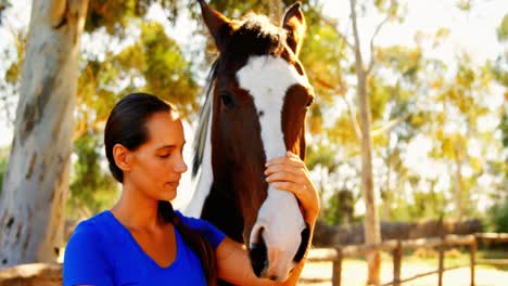 woman grooming the horse in ranch 4k