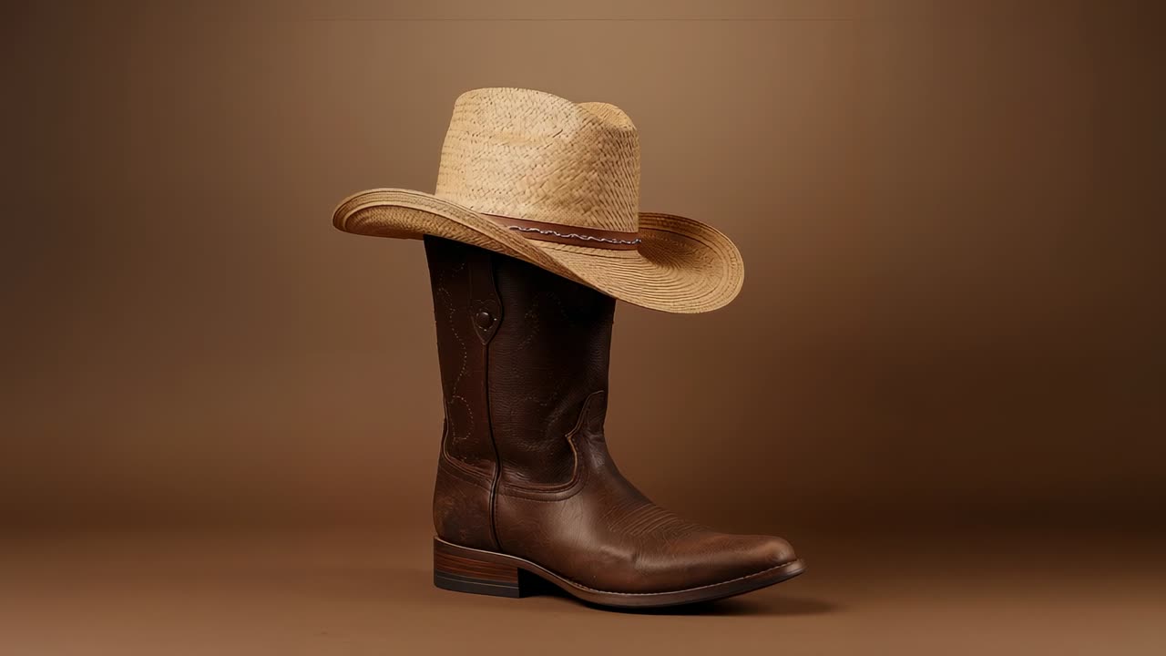 Camera starting steady shot of brown cowboy boot and straw cowboy hat in studio showing textures
