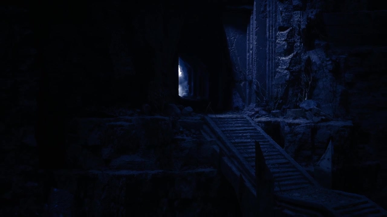 Veios minerais brilhantes iluminam silenciosamente túneis subterrâneos misteriosos.