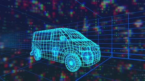 Animación-Del-Modelo-De-Automóvil-En-3D-Y-Procesamiento-De-Datos-Sobre-Cuadrícula.