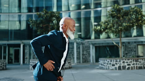 running, late and black man outdoor for business