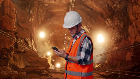 side view of asian male engineer with safety helmet using smartphone while standing in underground mine tunnel