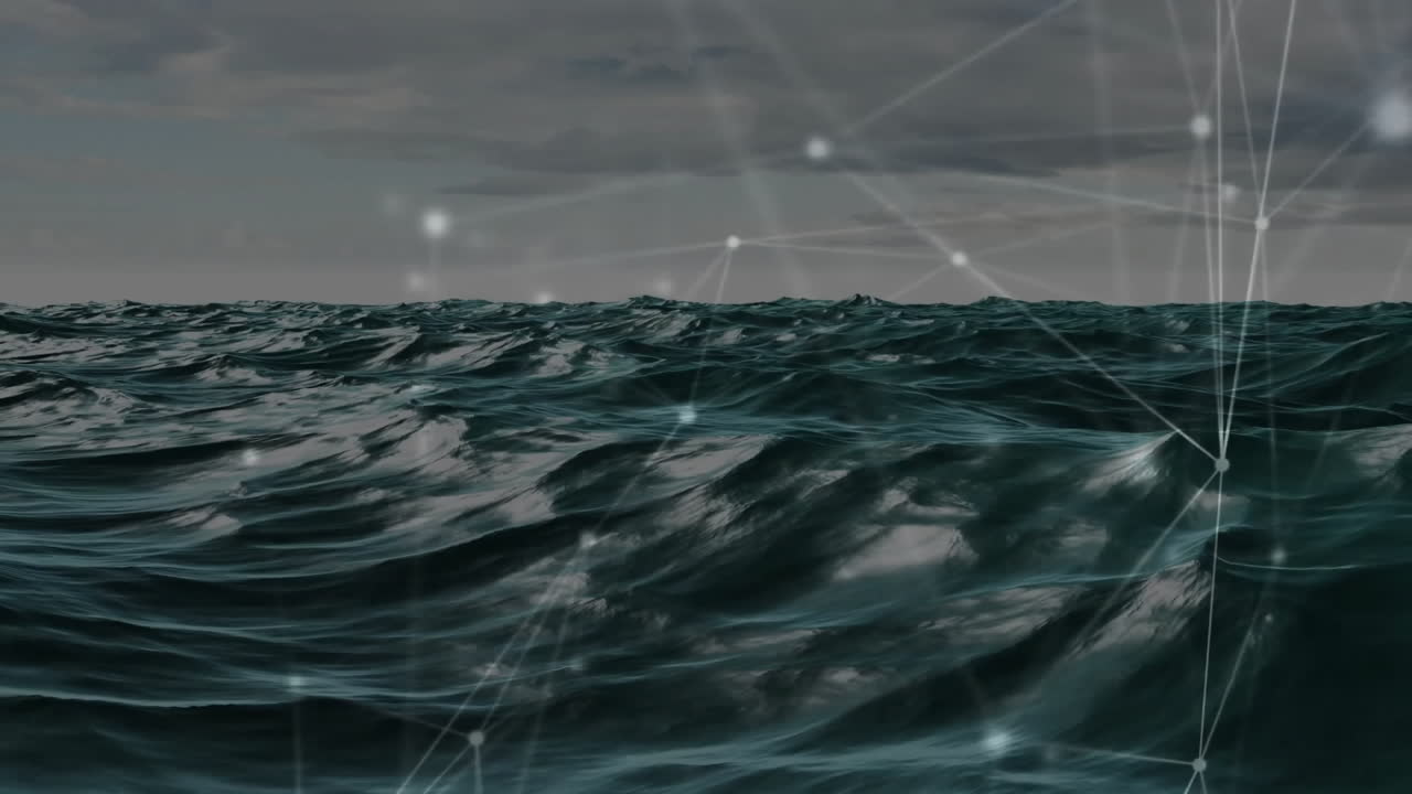 Ocean waves streaming through glowing network grid overlay in 3D render, showing connected nodes