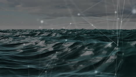 ocean waves streaming through glowing network grid overlay in 3d render, showing connected nodes