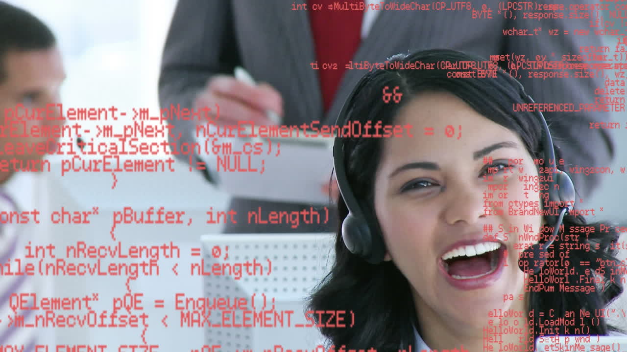 전화 헤드 ⁇ 을 사용하는 비즈니스 사람들에 대한 데이터 처리 애니메이션