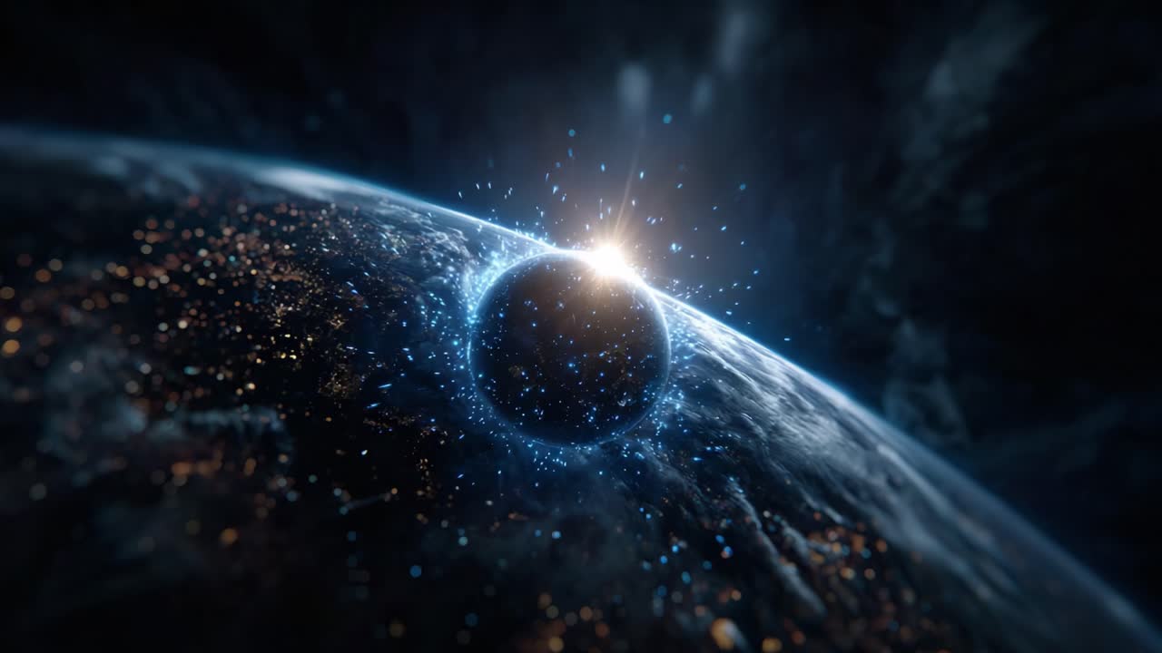 Captivating Cosmic Journey: A Stunning Transition of Earth Surrounded by Radiant Particles as the Sun Emerges on the Horizon, Showcasing the Beauty of Our Planet