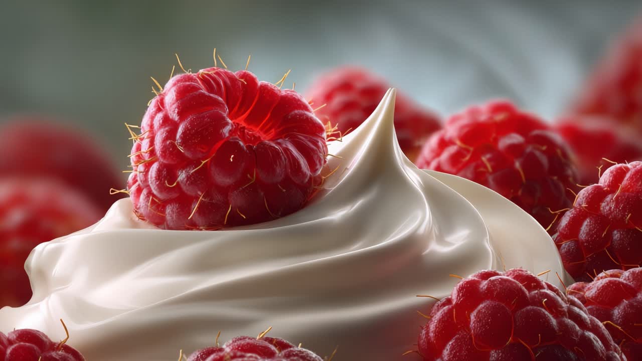 Deliciously Rich Cream Topped with Fresh Raspberries in a Close-Up View, Capturing the Vibrant Red Color and Smooth Texture for a Tempting Dessert Presentation