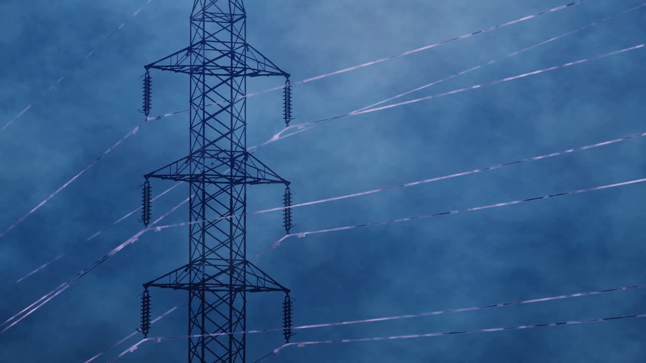 Electricity pylon with visible energy pulses along high-voltage wires - electric power grid visualization with transmission tower and clouds