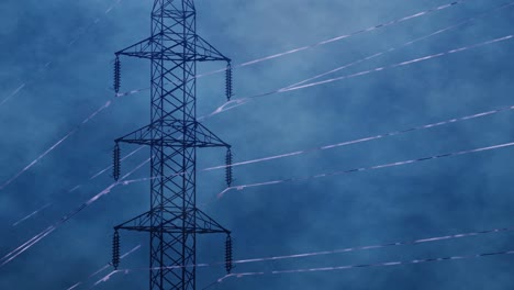 electricity pylon with visible energy pulses along high-voltage wires - electric power grid visualization with transmission tower and clouds