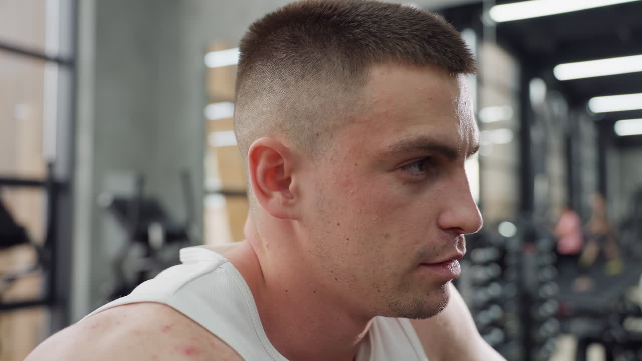 Gym goer takes recovery break after intense elliptical workout breathing deeply helping muscles recover in modern gym sweat glistening as he pauses to rest smiling reflection of exercisers in mirror