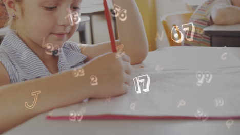 animation of numbers over caucasian schoolgirl writing in class