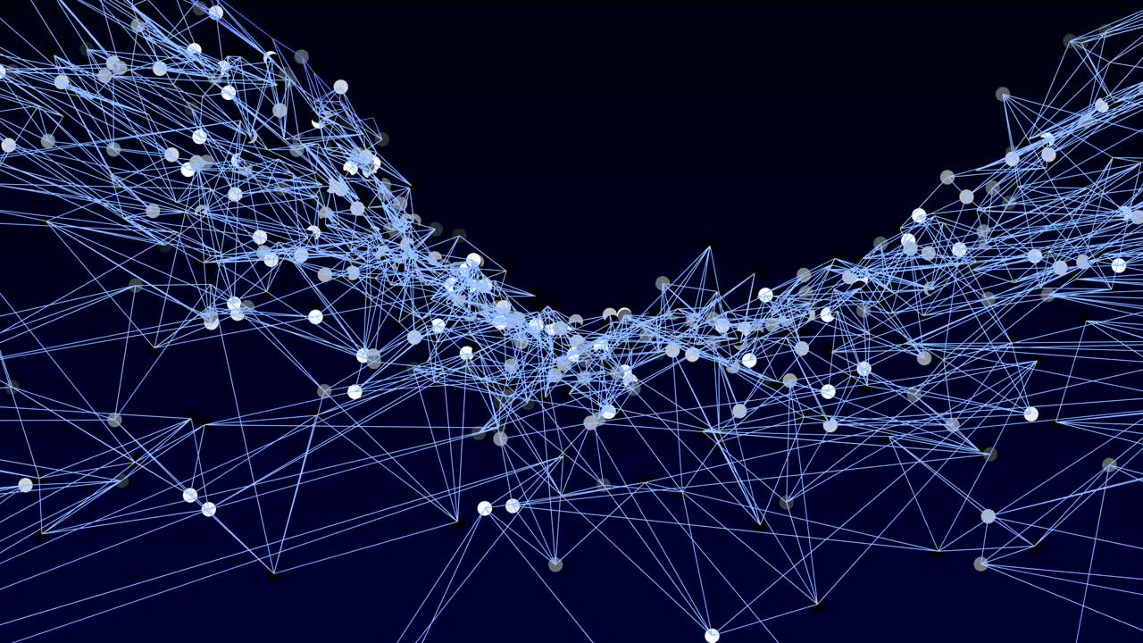 추상적인 점 입자 및 와이어 프레임으로 곡선 패널으로 기술 데이터 연결
