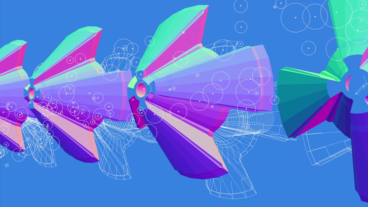 3d 애니메이션, 색상 효과와 함께 테스트 벤치에 풍차의 일부 조각