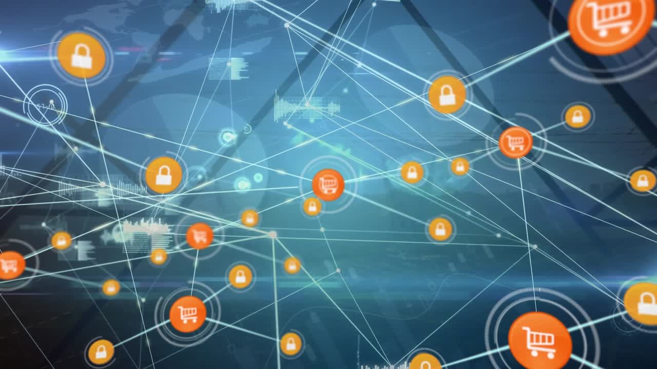 Animazione di una rete di connessioni con icone ed elaborazione dati.