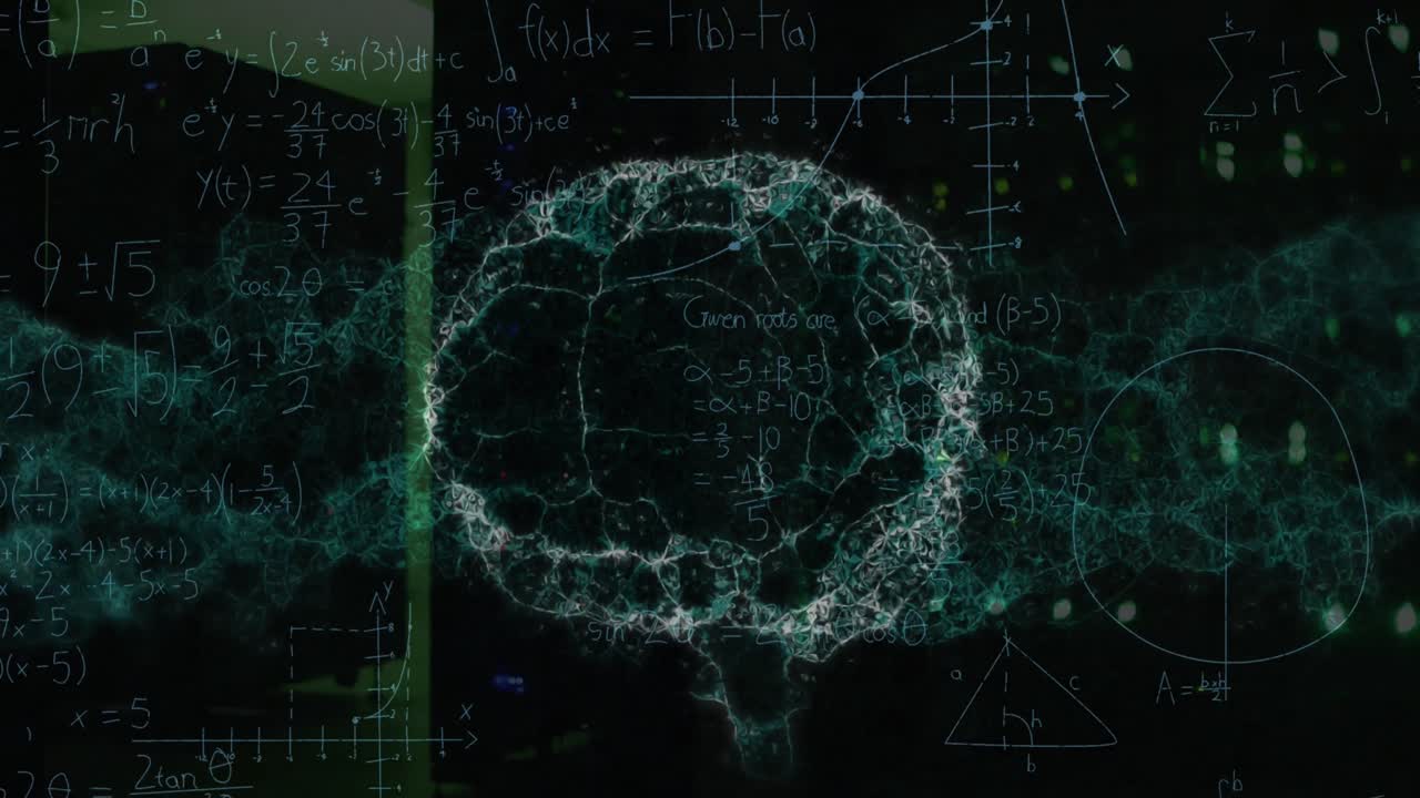 Animation of mathematical equations and digital brain over server room