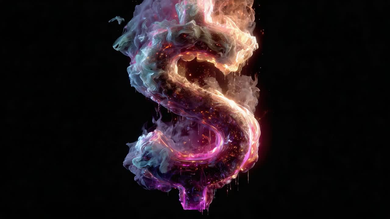 Una asombrosa transformación visual de un símbolo de dólar, que evoluciona de colores vibrantes y ahumados a una apariencia elegante e iluminada sobre un fondo oscuro.