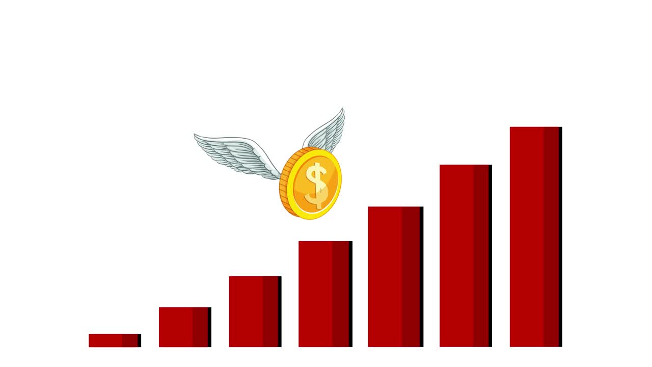 Grafici a barre e monete volanti raffigurano le tendenze finanziarie