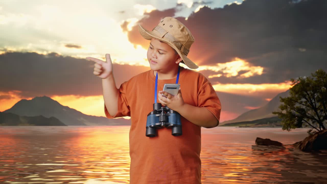 niño asiático con sombrero y binoculares mirando su teléfono inteligente luego sonriendo y señalando hacia un lado en un lago. niño investigador examina algo, concepto de aventura de turismo de viaje