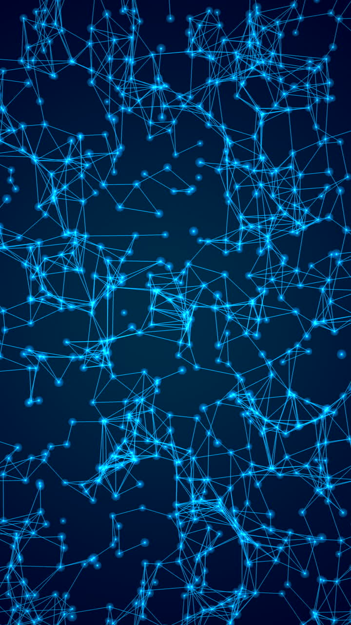 Dgital abstract of glowing blue dots connected by lines representing network, data structure, or neural connection on dark science technology vertical background