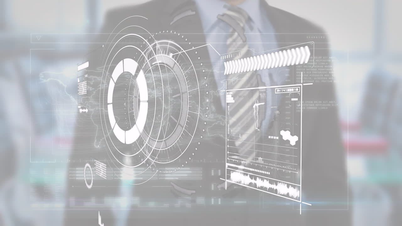 Interacting with futuristic animation, businessman analyzing data on digital interface