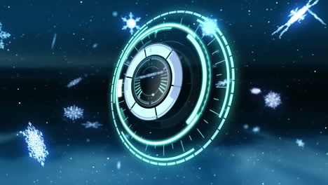 animation of safe lock rotating over snow falling on black background
