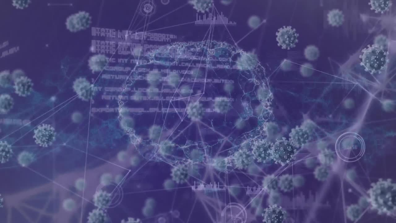 animación de células de covid 19 con procesamiento de datos y giro del cerebro humano