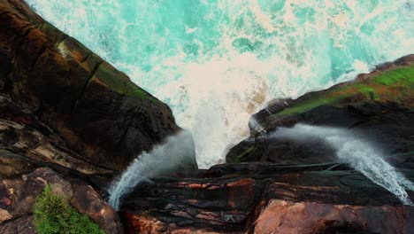 Curracurrong-Falls,-Australia-Drone-Descends-into-Double-Waterfall