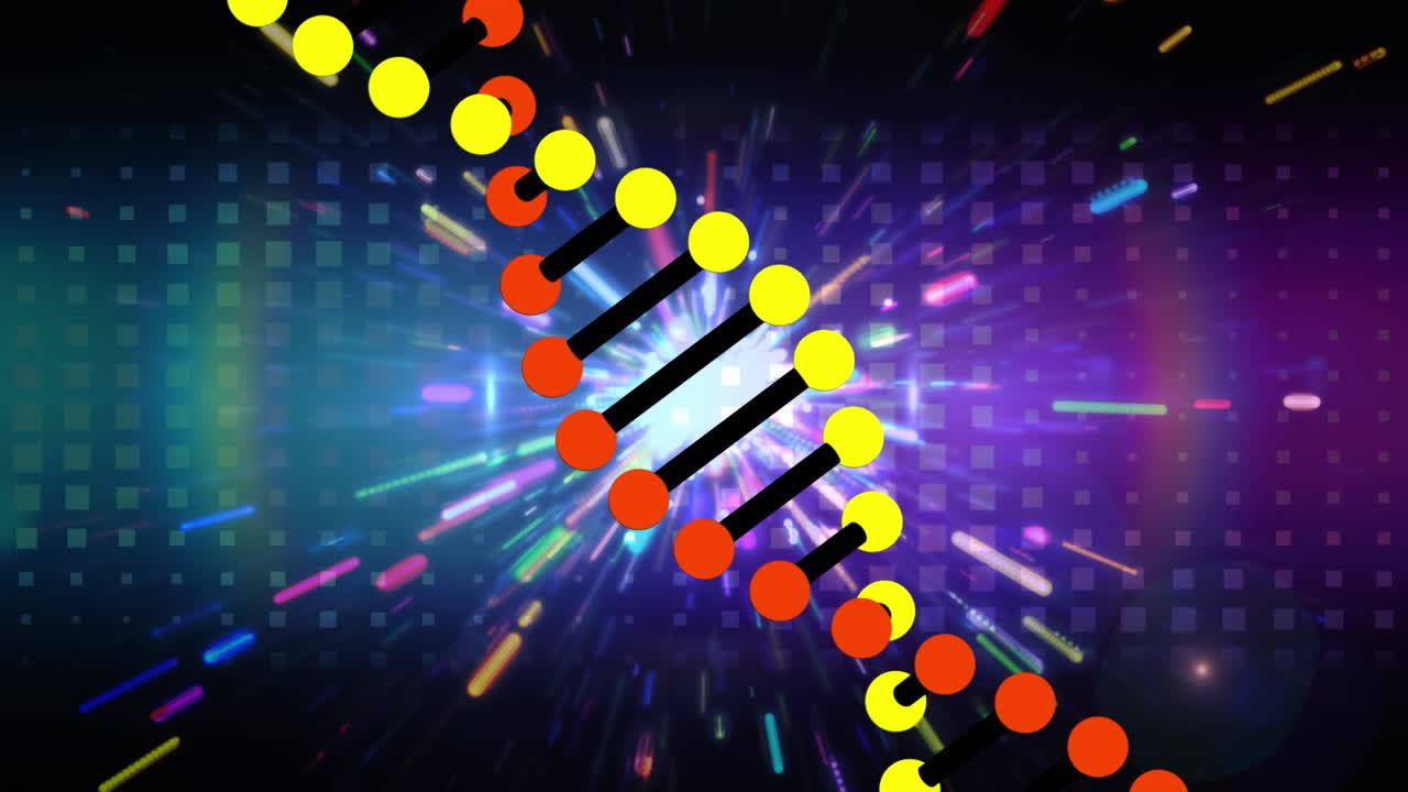 회전하는 dna 가닥과 빛나는 다채로운 불꽃의 애니메이션