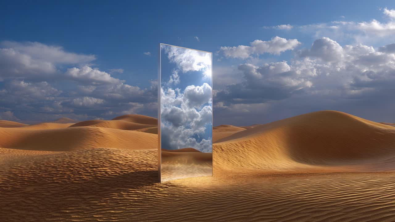 Un riflesso mozzafiato del cielo in uno specchio imponente circondato da dune di sabbia dorata sotto un cielo nuvoloso e drammatico in un vasto paesaggio desertico