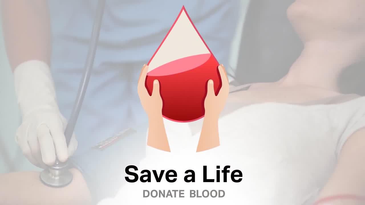 환자와 함께 백인 여성 의사 위에 혈액 방울의 애니메이션과 혈액 기증 텍스트