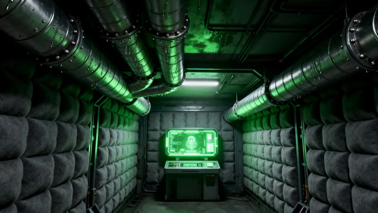 Tilting camera as green hologram brightening, revealing console and ducts in padded tech chamber