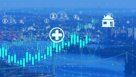 animation of icons, financial graphs and data over cityscape