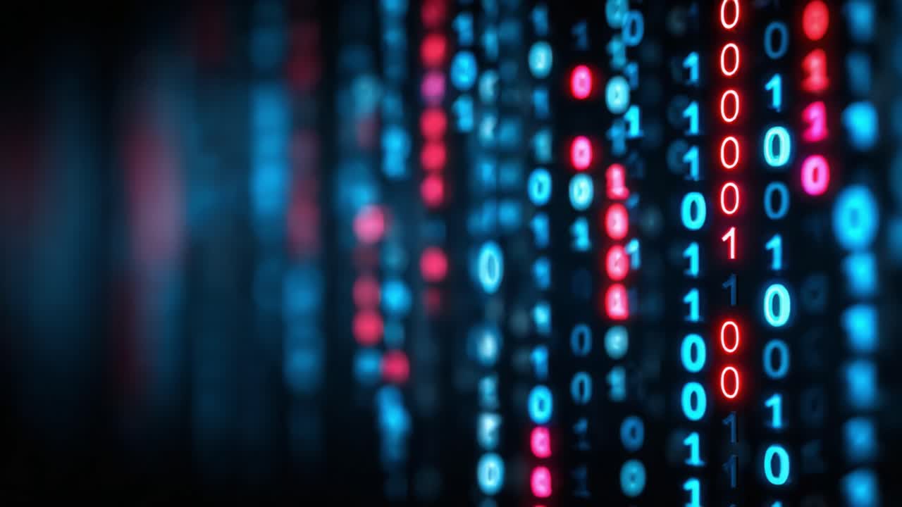 A Captivating Neon Display of Binary Code in a Dark Digital Environment, Highlighting the Intricacies of Data and Information Processing Through Vibrant Colors