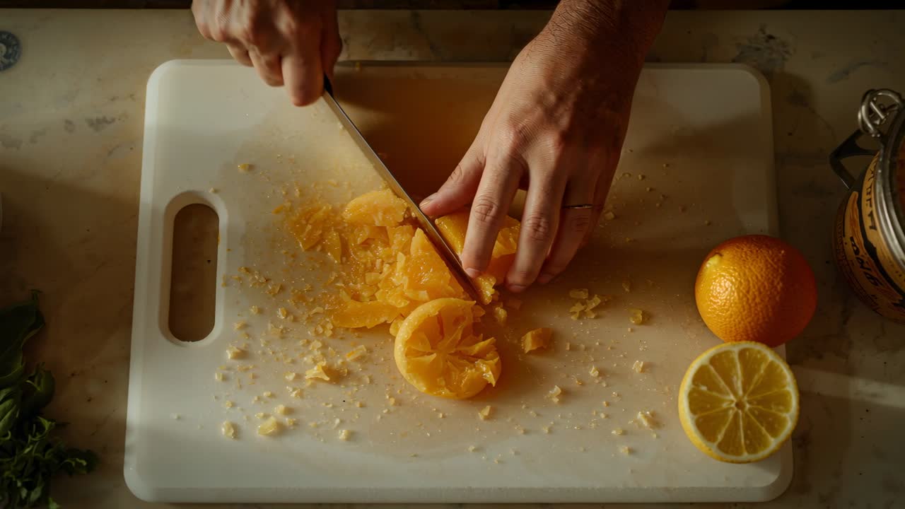 Mãos de um cozinheiro doméstico levantando a faca, fatiando e depois picando uma laranja em uma tábua de corte, preparando uma receita.
