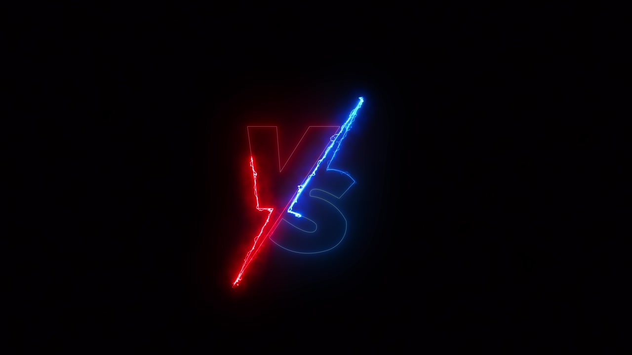 Sfondo con logo versus al neon, fulmine rosso blu, spazio vuoto scuro, simbolo luminoso, drammatico