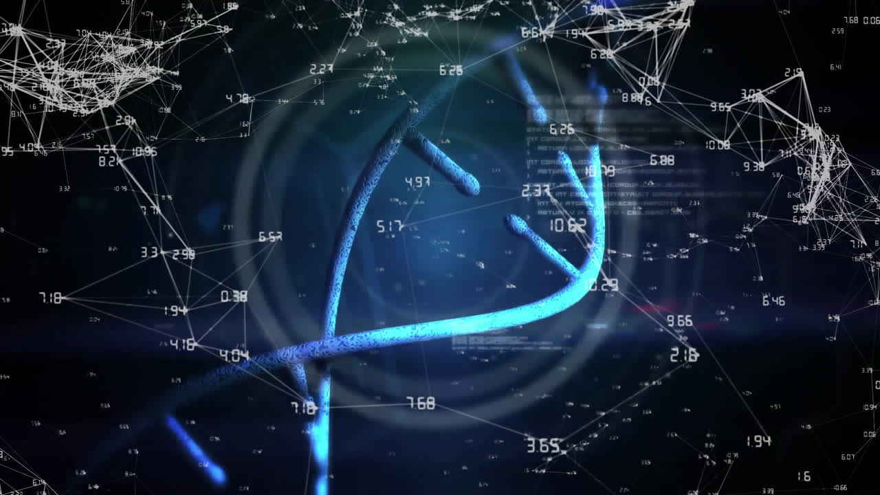 Blue helical strand spiralling in digital 3D render, with floating numeric nodes and ring overlays