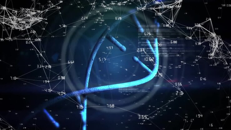 Blue helical strand spiralling in digital 3D render, with floating numeric nodes and ring overlays