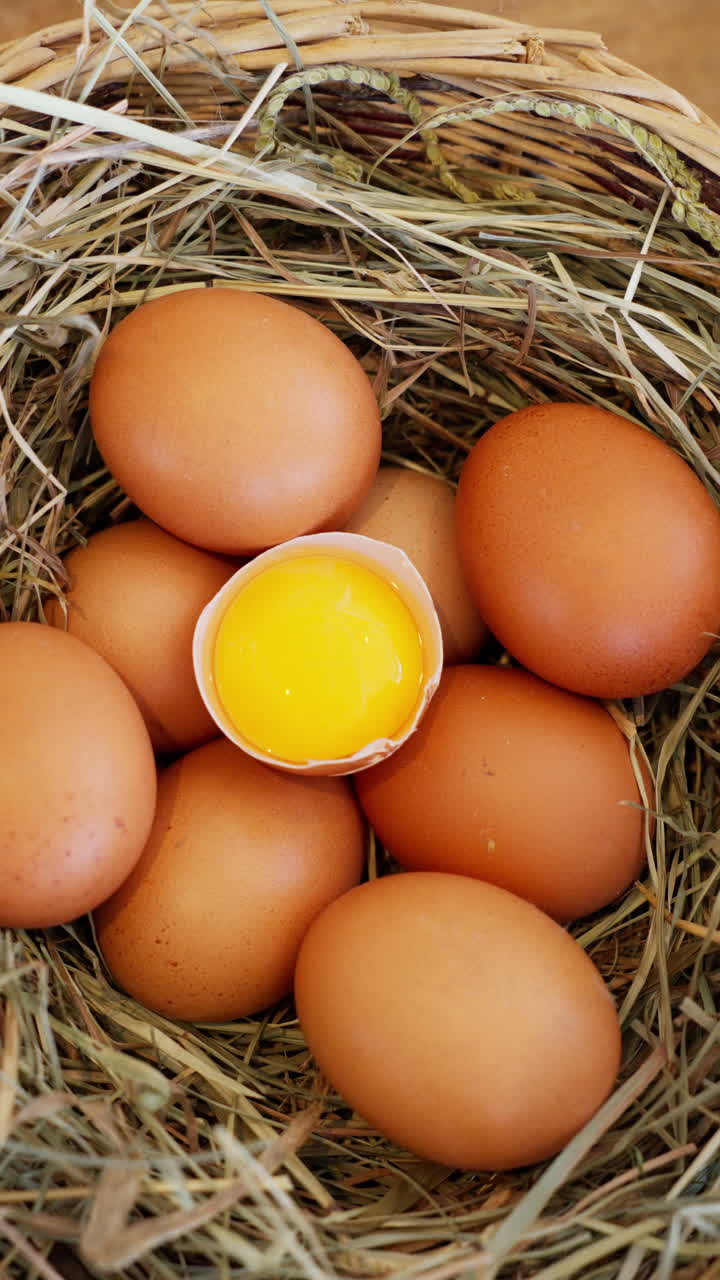 Telur Cokelat Segar dalam Sarang Jerami dengan Satu Pecah Memperlihatkan Kuning Telur