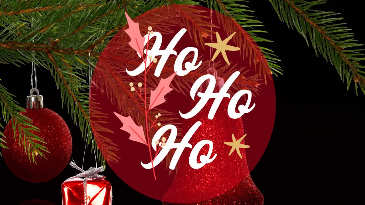 animación de ho ho ho sobre el árbol de navidad en el fondo