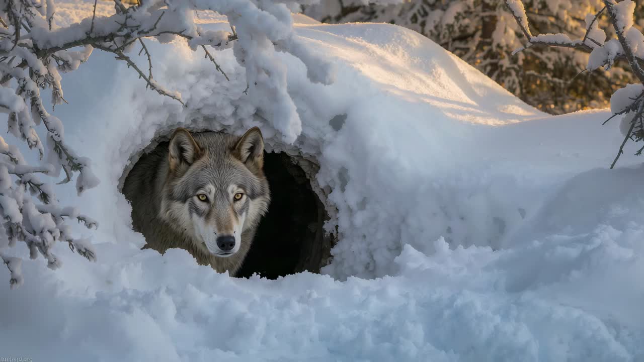 Emerging adult gray wolf sensing dawn light and stepping from snow drift den to survey clearing