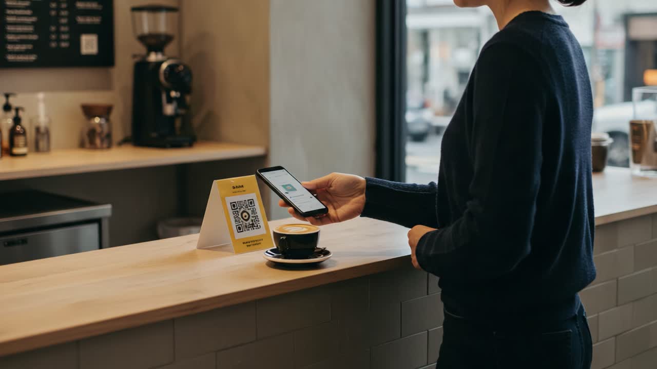 A Customer Using a Smartphone to Scan a QR Code at a Cafe, Holding a Coffee Cup and Engaging with Digital Payment Technology in a Cozy Setting