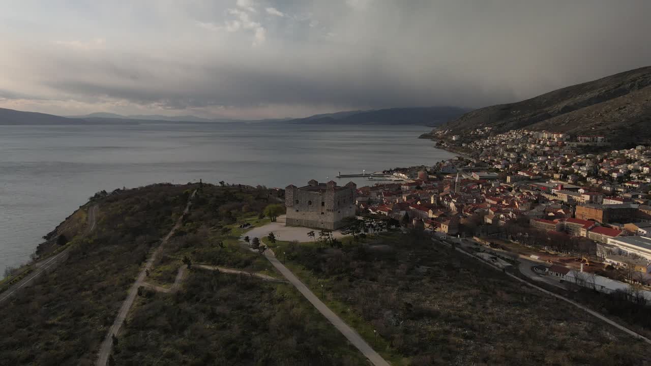 Aerial pan right shot with drone 4k in Croatia nehaj fortress in a beautiful day with wonderful city