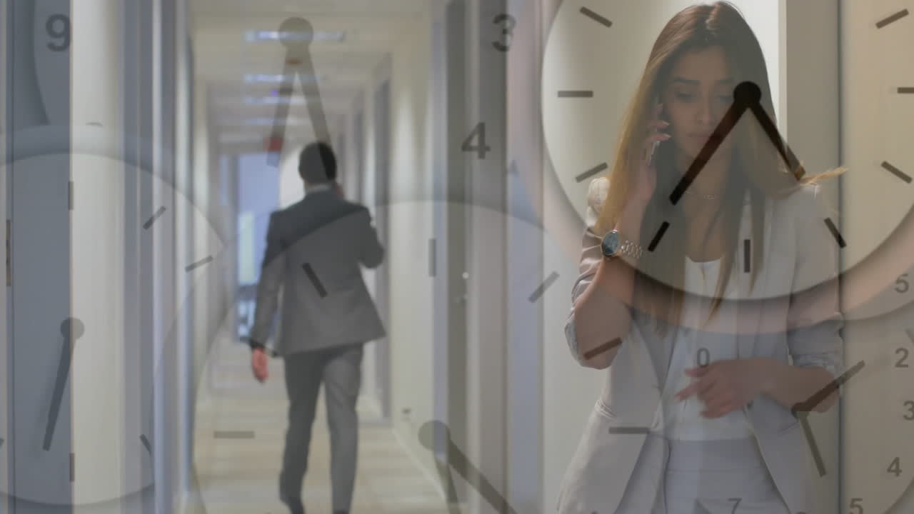 Talking on phone, businesswoman with clock animation, man walking in office hallway